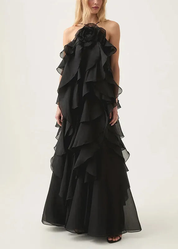 Classy Orange Ruffled Asymmetrical Patchwork Chiffon Dress Summer