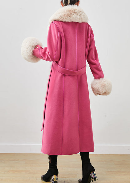 Pink Silm Fit Woolen Coat Outwear Fur Collar Tie Waist Fall