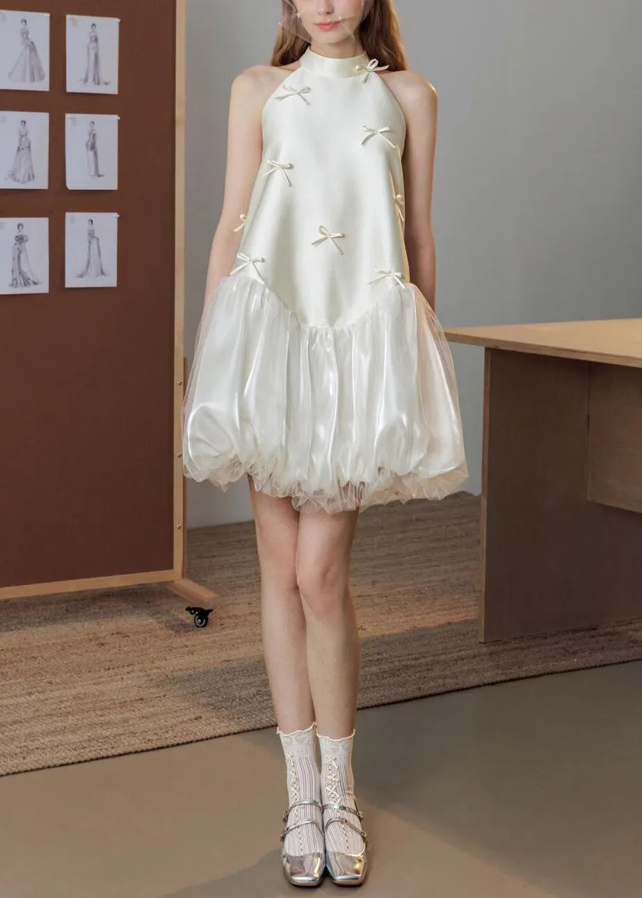 Art White Bow Tulle Patchwork Silk Party Dress Sleeveless