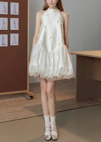 Art White Bow Tulle Patchwork Silk Party Dress Sleeveless