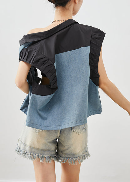 Black Oversized Patchwork Denim Cotton Vests Fall