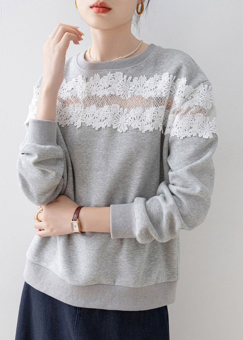 Grey O Neck Lace Patchwork Cotton Sweatshirt Spring