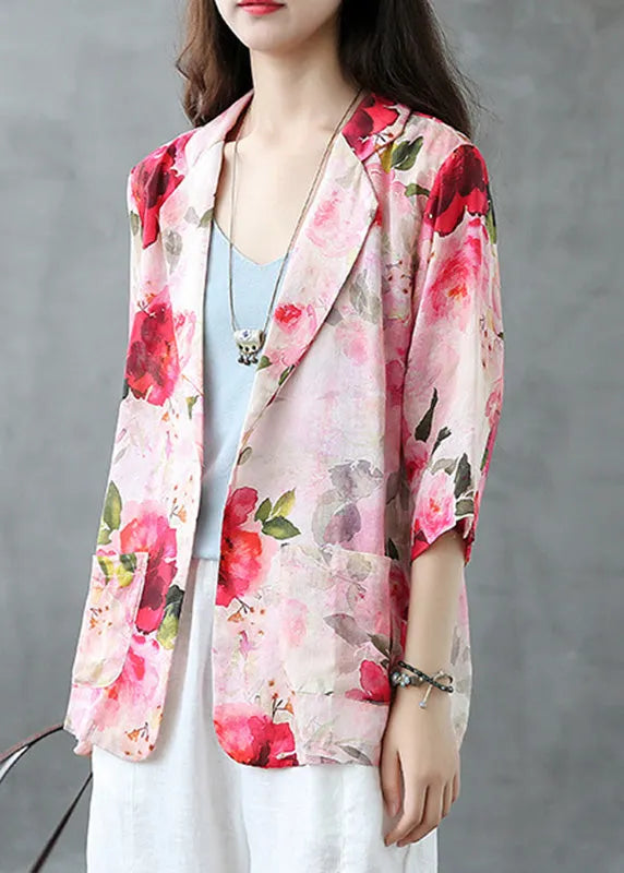 Red Peter Pan Collar Print Button Linen Coats Summer