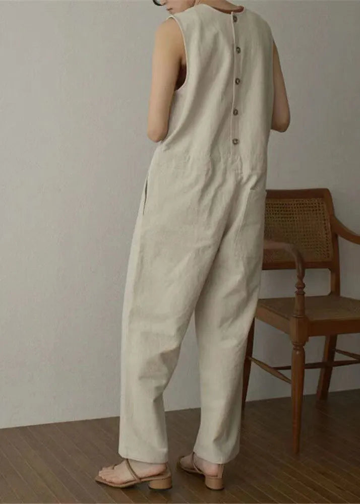 Apricot Pockets Patchwork Cotton Wide Leg Jumpsuits Sleeveless