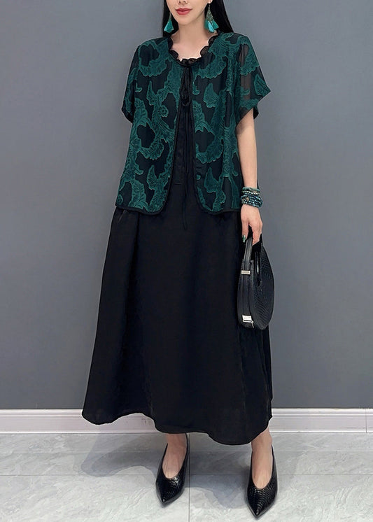 Handmade Green O-neck Print Fake Two Pieces Long Dress Summer