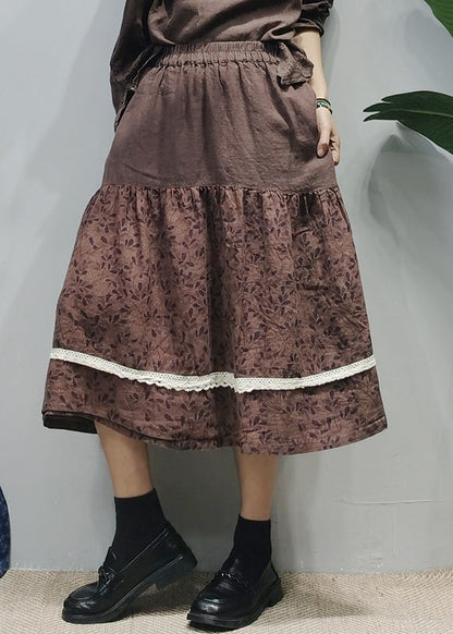 Chocolate Elastic Waist Lace Patchwork Print Linen a Line Skirts Summer