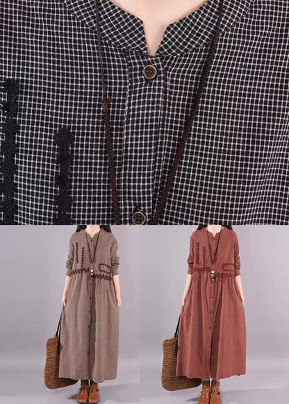 Coffee O Neck Plaid Patchwork Cotton Long Dress Fall