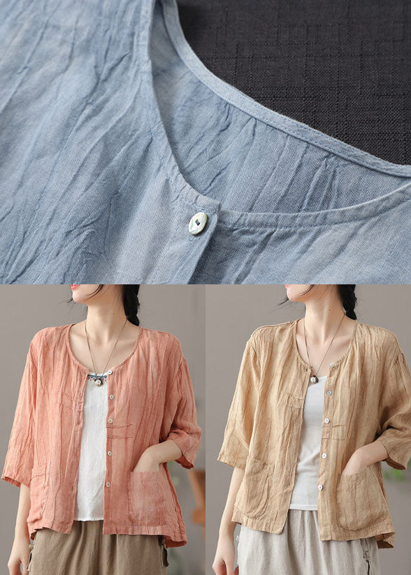 Yellow Patchwork Linen Shirt Tops Pockets Bracelet Sleeve