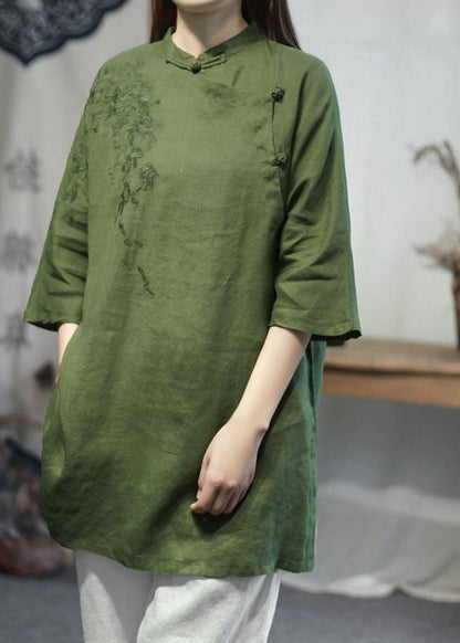 Green Stand Collar Embroideried Linen Tops Half Sleeve