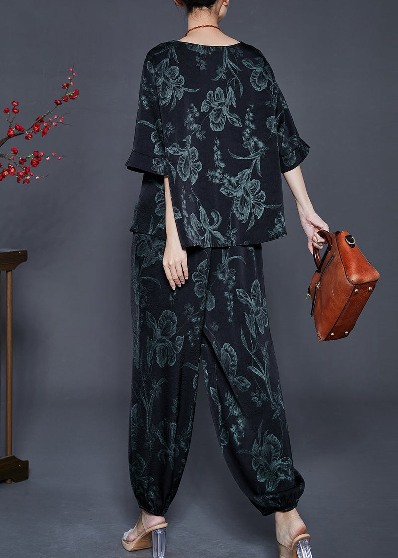 Black Oversized Lily Print Silk Two Pieces Set Summer