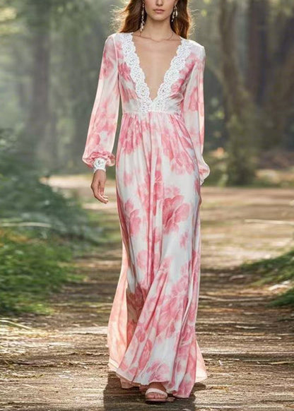 Pink V Neck Print Chiffon Long Dresses Spring