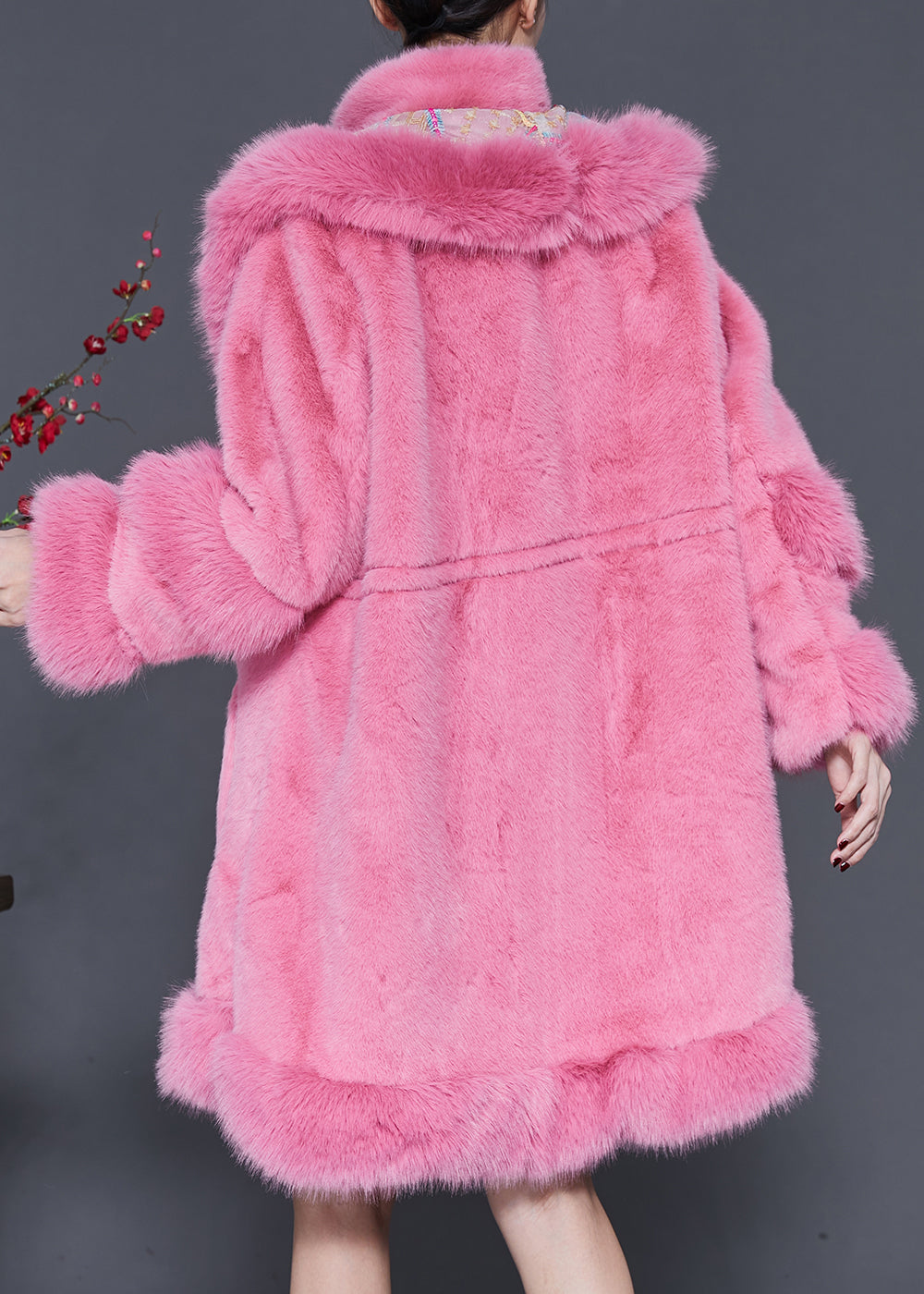 Pink Embroideried Drawstring Mink Velvet Coat Outwear Spring