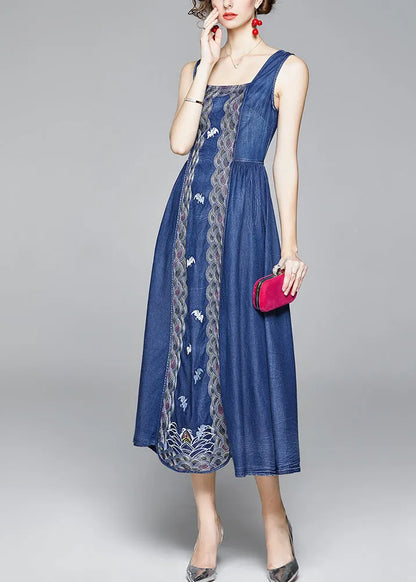 Italian Denim Blue Embroideried Wrinkled Cotton Vacation Strap Dresses Sleeveless