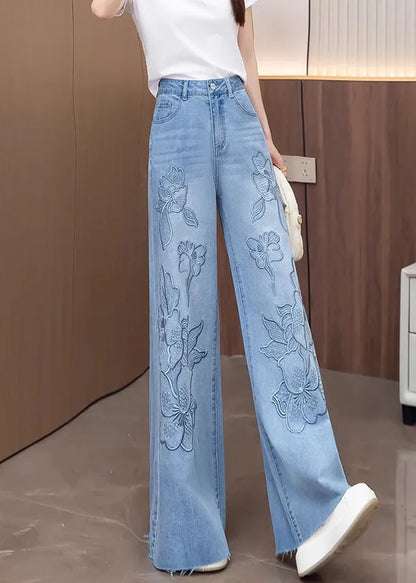 Stylish Light Blue Jacquard Denim Straight Pants Fall