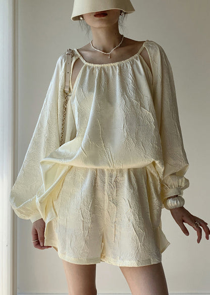 French Apricot Jacquard Off the Shoulder Cotton Two Pieces Set Summer