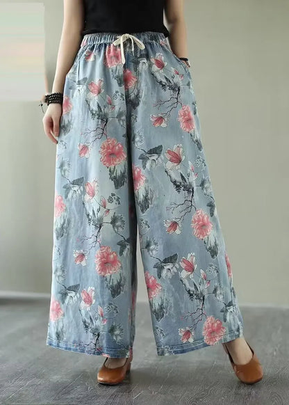 Oversized Print Denim Wide Leg Pants Summer
