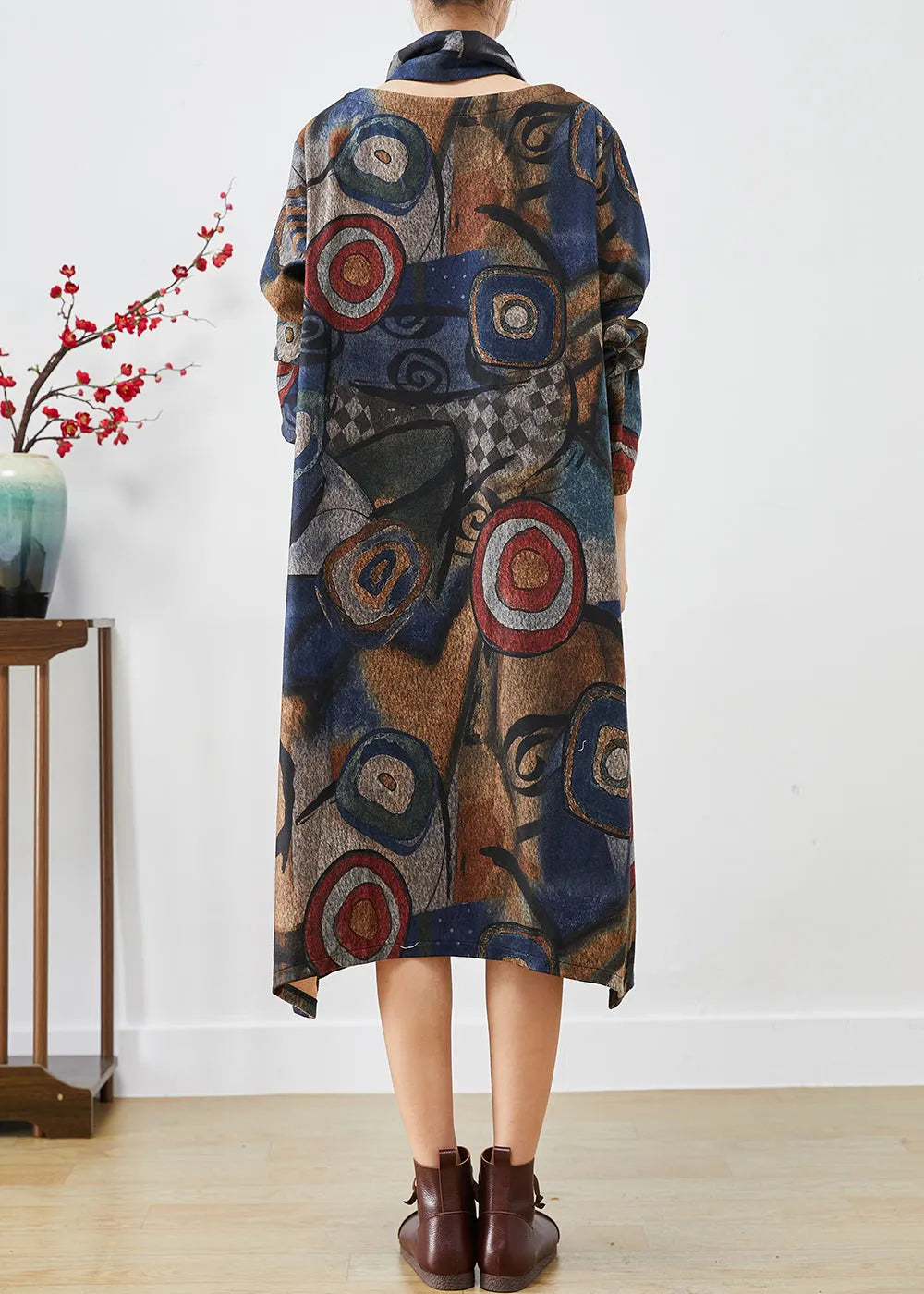 Navy Oversized Print Woolen Dress Two Piece Set Fall