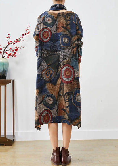Navy Oversized Print Woolen Dress Two Piece Set Fall