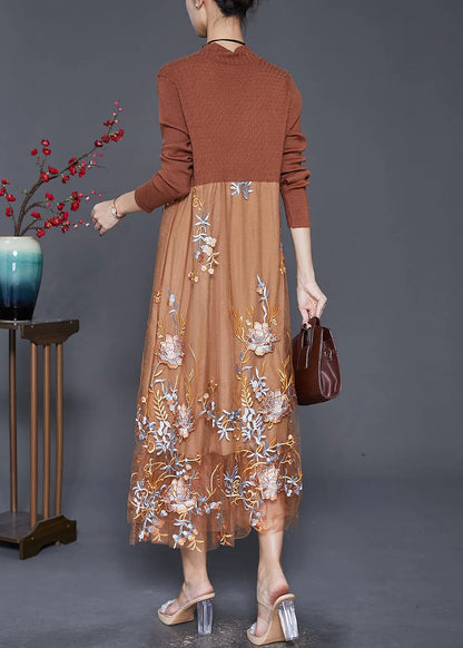 Fine Khaki Embroideried Patchwork Knit Dress Fall