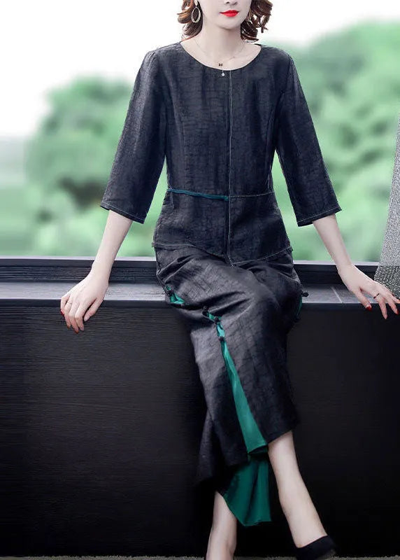 Black Asymmetrical Patchwork Wrinkled Silk Two Piece Suit Set Summer
