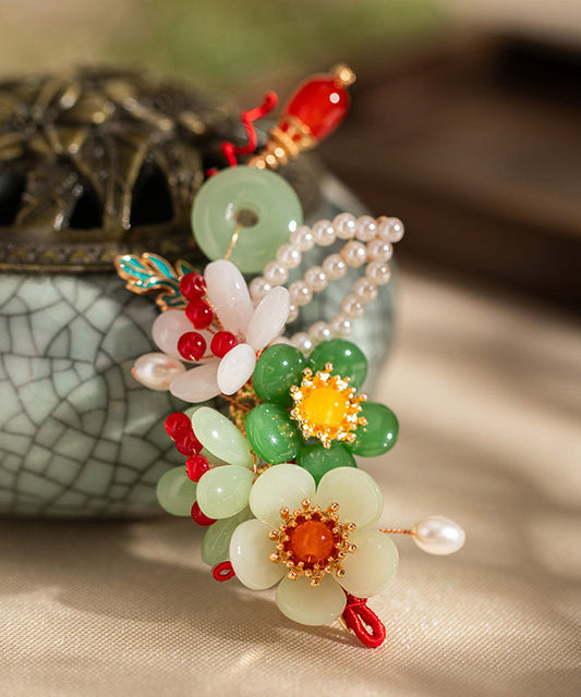 Retro Multicolor Alloy Jade Pearl Tassel Hairpin