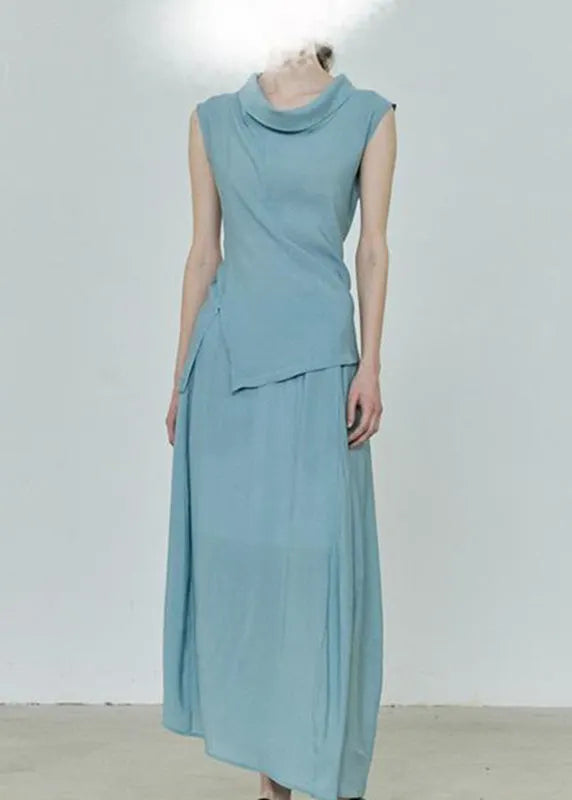 Simple Grey Asymmetrical Top and Maxi Skirts Two Pieces Set Summer