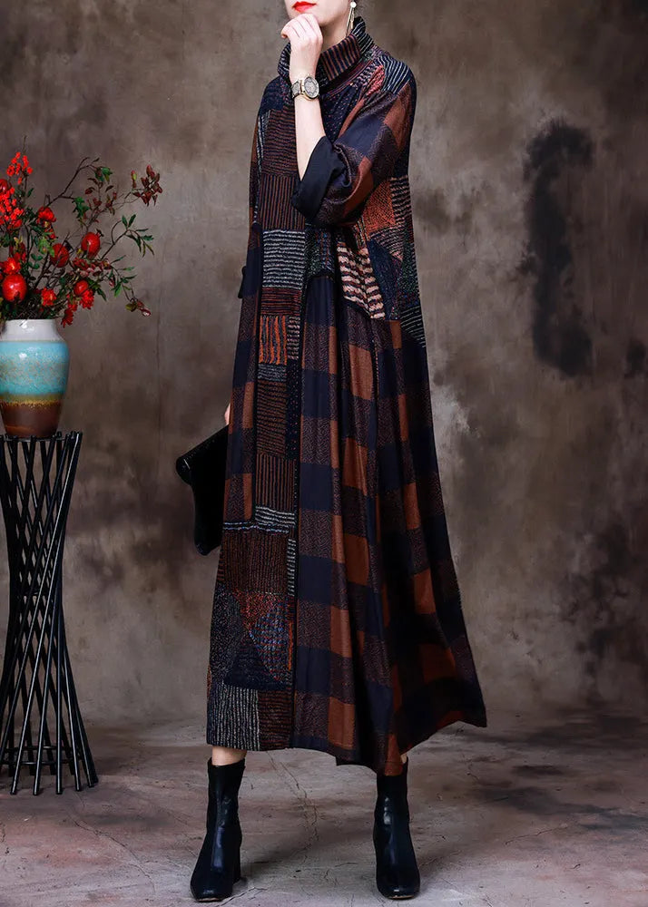 Chocolate Turtleneck Plaid Patchwork Velour Maxi Dress Long Sleeve
