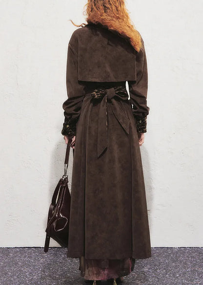 Chocolate Leopard Tie Waist Faux Suede Long?trench?coat Winter