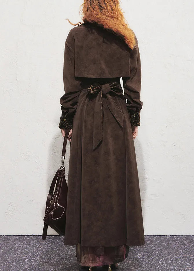 Chocolate Leopard Tie Waist Faux Suede Long?trench?coat Winter
