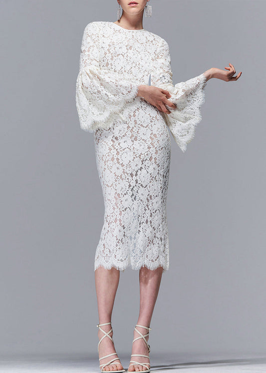 Beige Hollow Out Side Open Lace Dress Flare Sleeve