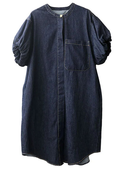 Denim Blue O-neck Pocket Color Cotton Holiday Dress Puff Sleeve