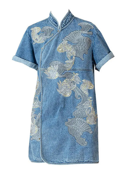 Unique Blue Stand Collar Embroideried Side Open Button Cotton Denim Mid Dress Short Sleeve