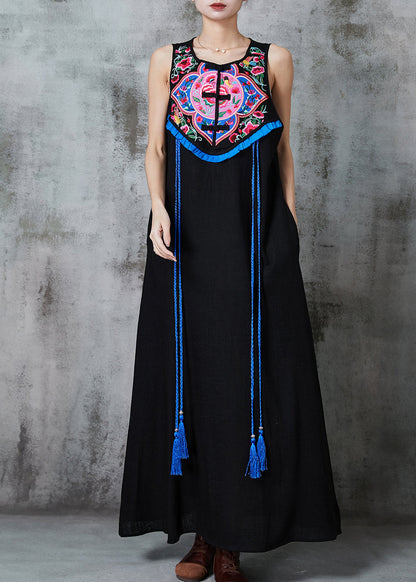 Style Black Embroidered Tasseled Cotton Holiday Dress Sleeveless