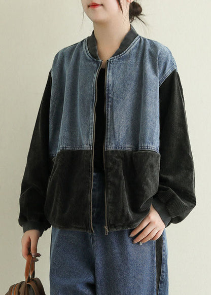 Black Pockets Corduroy Patchwork Denim Jackets Spring