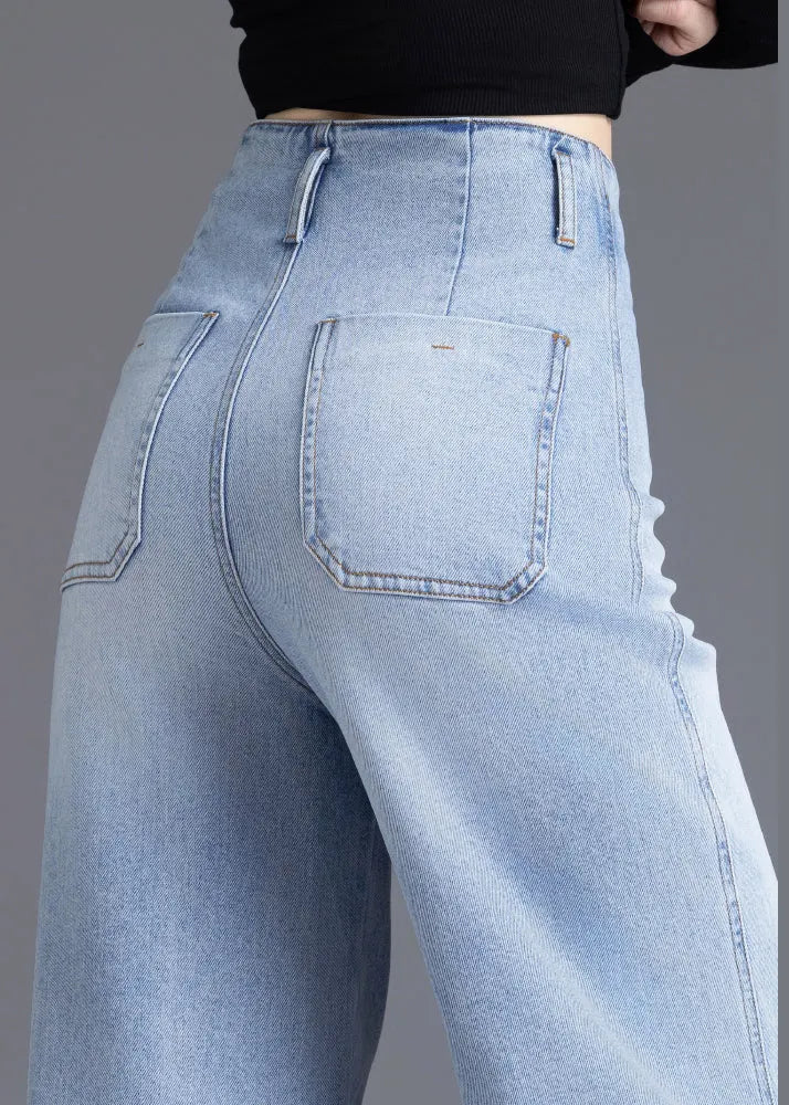Fine Light Blue High Waist Denim Straight Crop Pants Spring