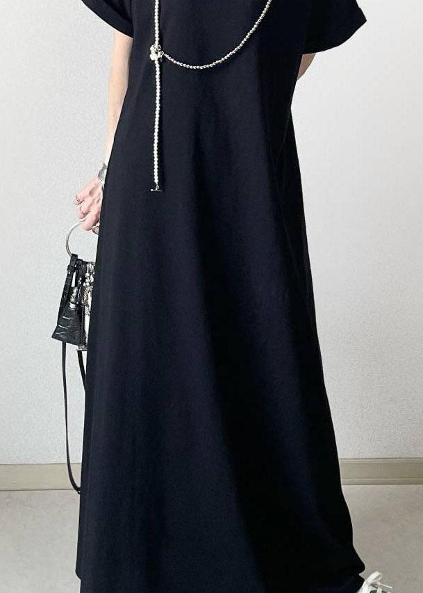 Black Hign Neck Patchwork Cotton Ankle Dress Batwing Sleeve