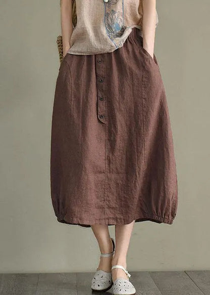 Beige Button a Line Summer Loose Skirts Linen