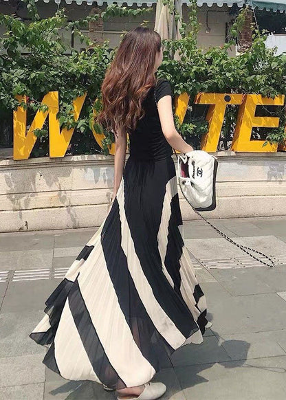 Black Wrinkled Patchwork Chiffon Skirts Spring
