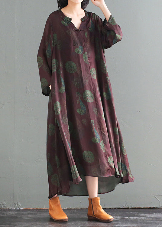 Oversized Chinese Button Print Silk Long Dress Fall
