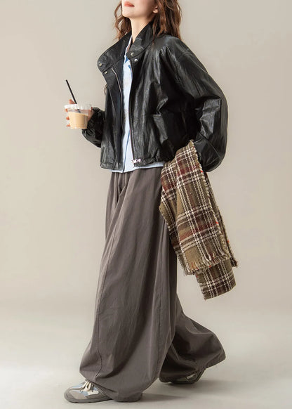 Classy Black Stand Collar Drawstring Faux Leather Coat Spring