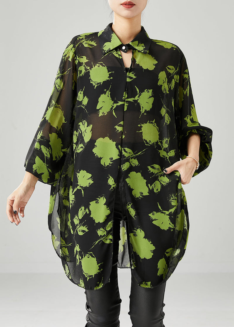 Green Print Chiffon Upf 50+ Shirt Tops Oversized Fall