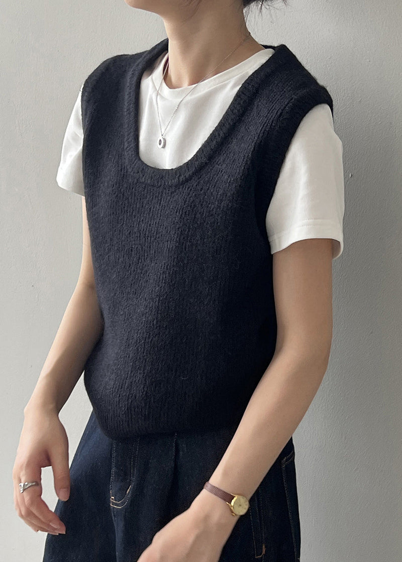 Simple Versatile Green U Neck Knitted Vest Autumn