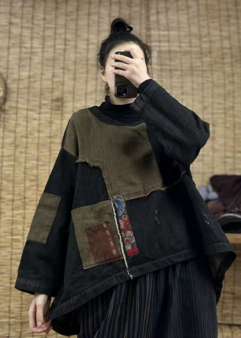 Loose Black Low High Design O-neck Patchwork Sweatshirts Spring