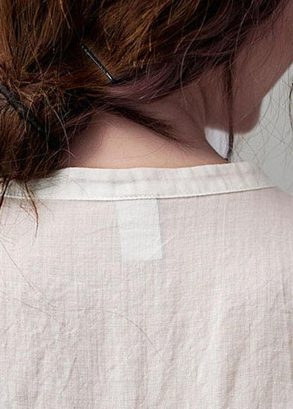 White Stand Collar Button Summer Cotton Linen Blouses
