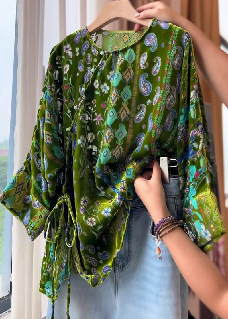Green Print Tie Waist Silk Velour Tops Three Quarter Sleeve