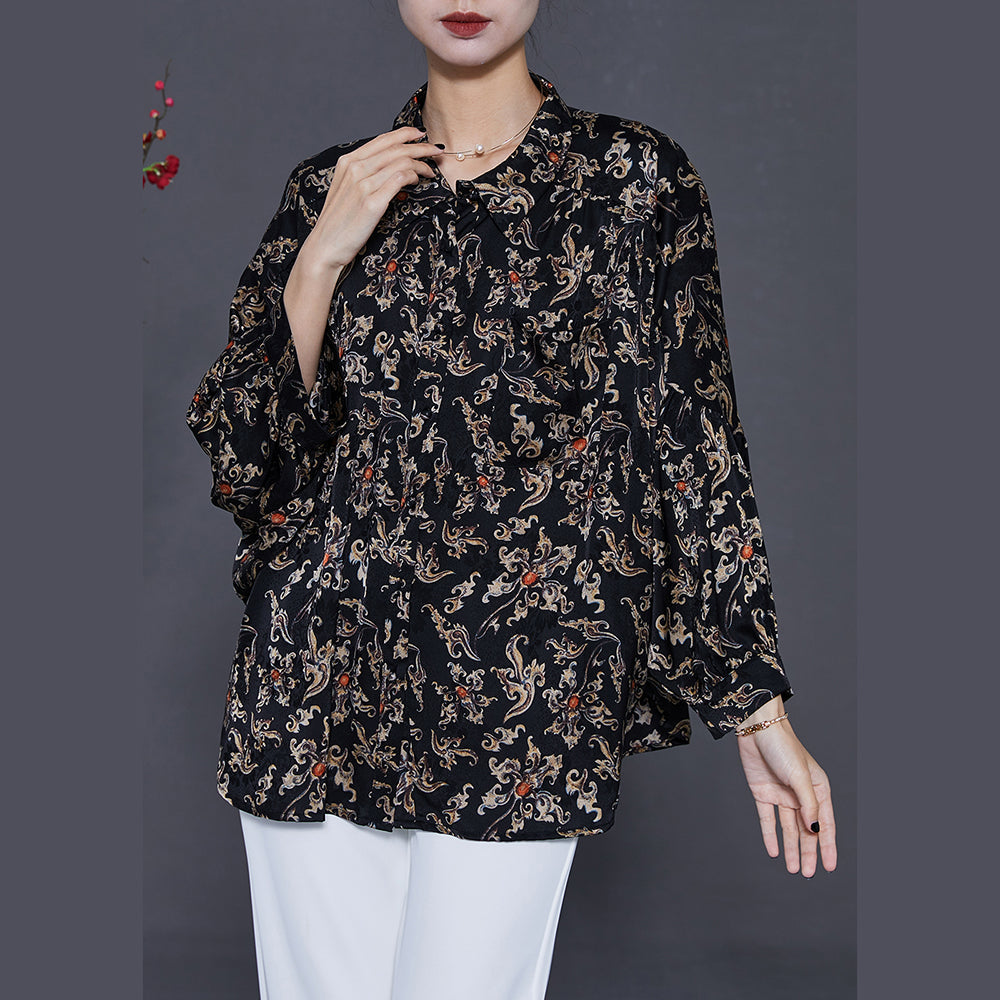 Black Print Chiffon Blouses Peter Pan Collar Summer