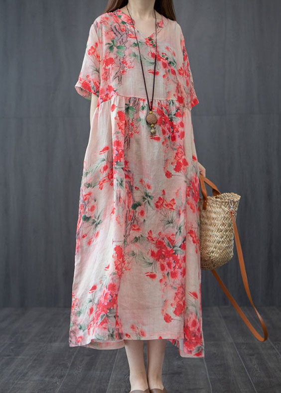 Red V Neck Wrinkled Patchwork Linen Dresses Short Sleeve