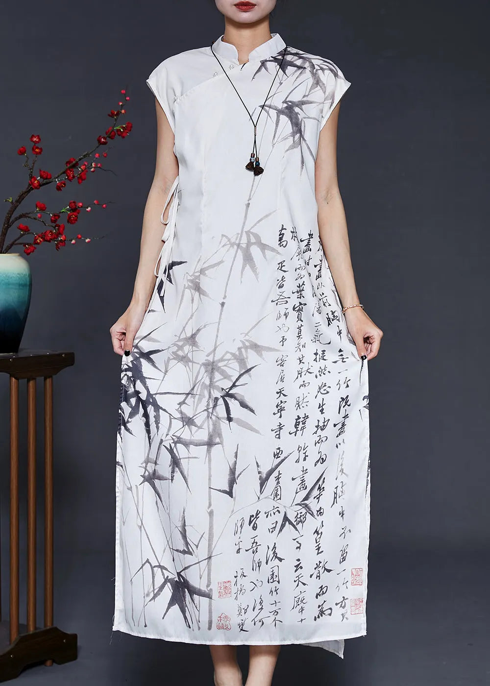 White Print Chiffon Vacation Dresses Cheongsam Sleeveless
