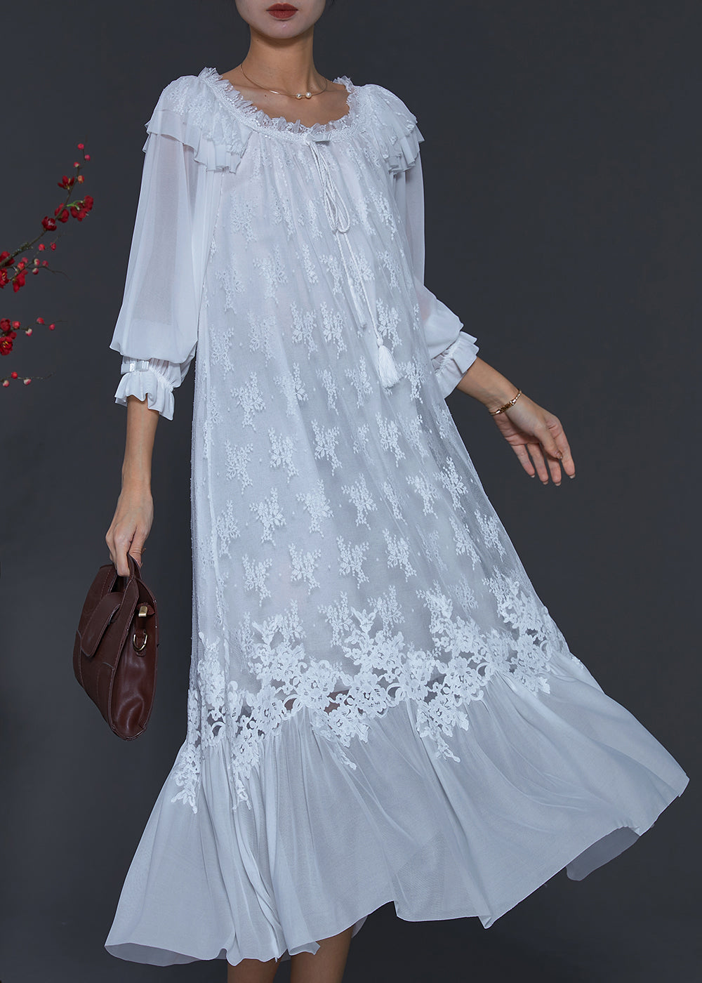 White Embroidered Patchwork Lace Dresses Spring