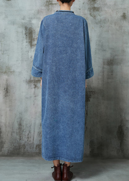 Blue Mandarin Collar Chinese Button Denim Dresses Spring